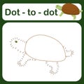 Dot-dot game for kids vector illustration. A puzzle game with tracking lines of numbers with a turtle.